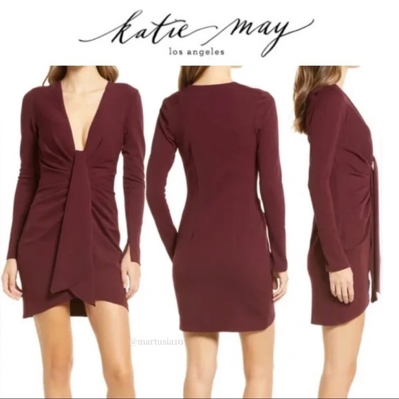 KATIE MAY Next Round Plunge Neck Long Sleeve Minidress S in Burgundy 250$